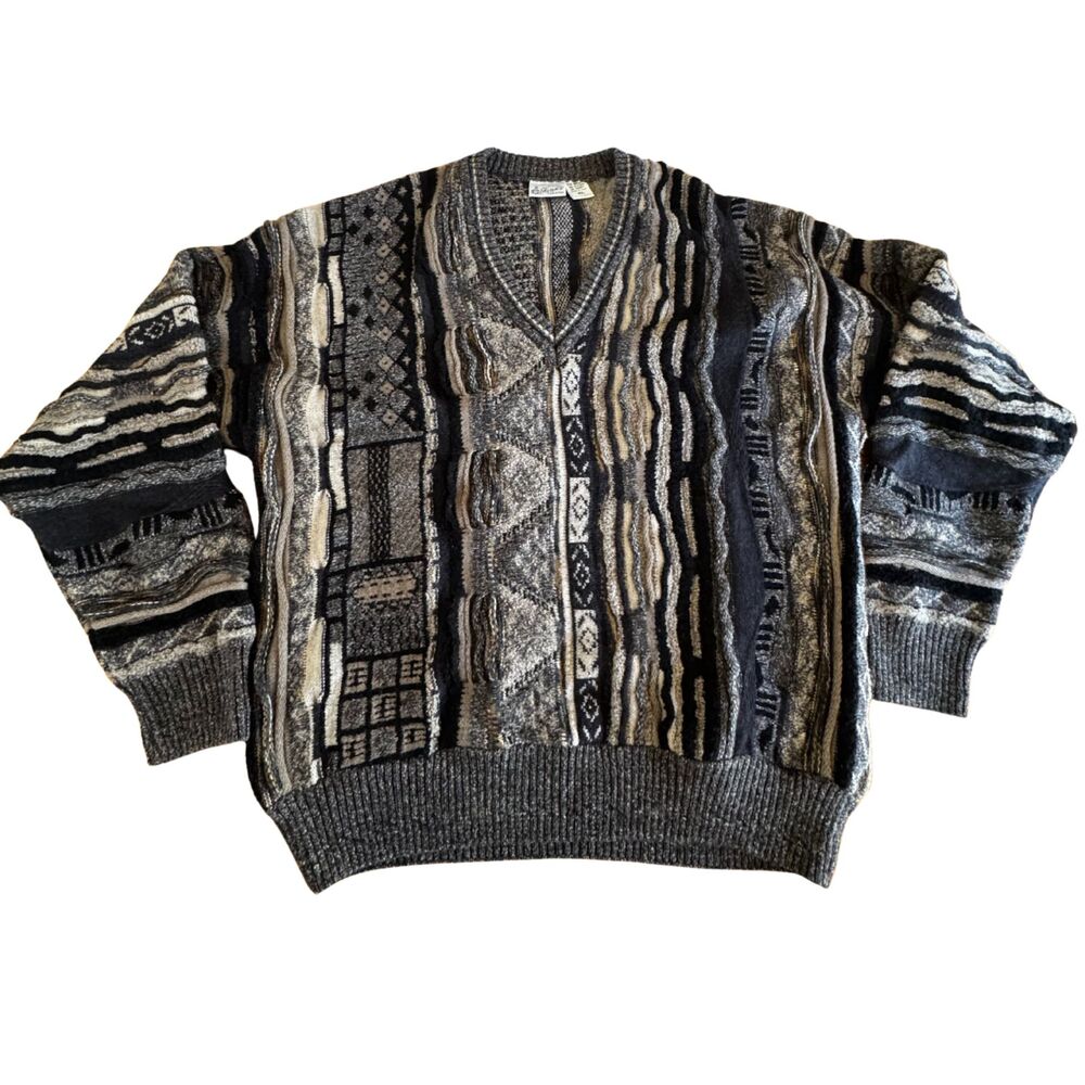 Vtg Italian Wool Chunky Knit  90s V-Neck Grandpacore Coogi-Style Sweater XL
